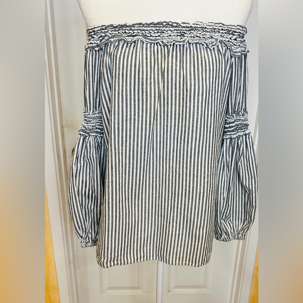 Max Studio Black White Striped Puff Ruffle Long Sleeve Blouse Large - Picture 4 of 10